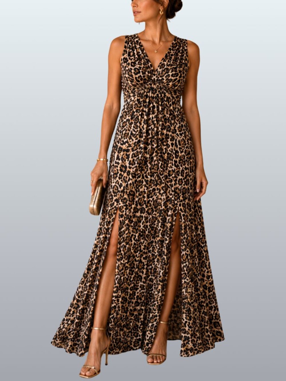 Joie Leopard Print Chiffon V-Neck Empire Waist A-Line Maxi Dress L Resort EUC